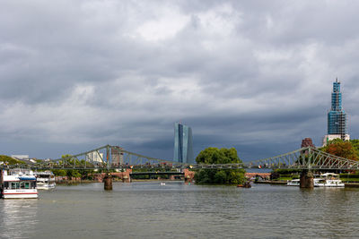 View of bridge over river against buildings