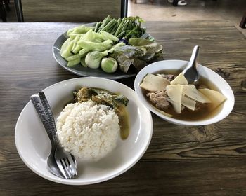 High angle view of meal served on table