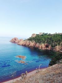 Scenic view of bay against clear sky