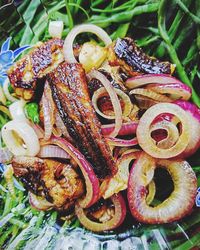 High angle view of various fruits on barbecue