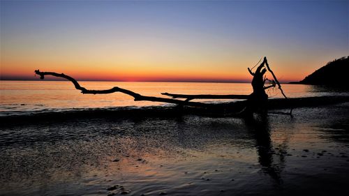 Silhouette people on beach against sky during sunset