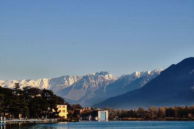 Scenic view of lake by buildings against clear sky