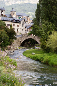 Arch bridge over river amidst buildings