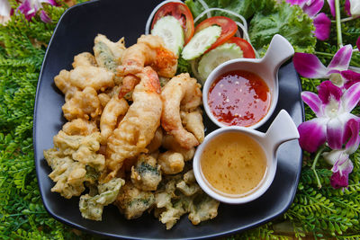 High angle view of meal served in tray