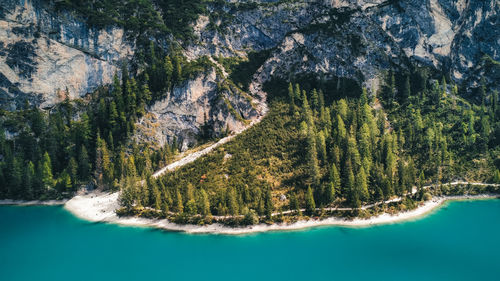 The braies lake in summer in north italy aerial shoot