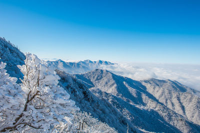 Scenic view of mountains against blue sky