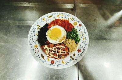 High angle view of breakfast served on table