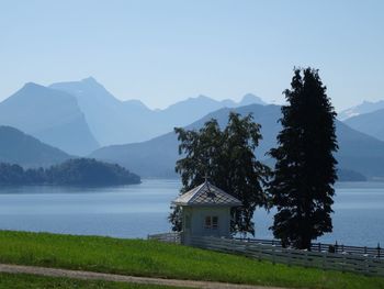 Scenic view of lake by mountains against sky