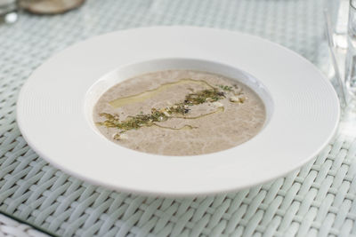 High angle view of soup in bowl on table