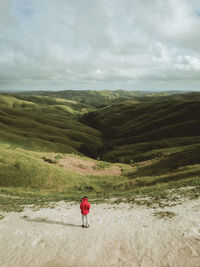 Rear view of man on landscape against sky