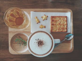 High angle view of breakfast on table