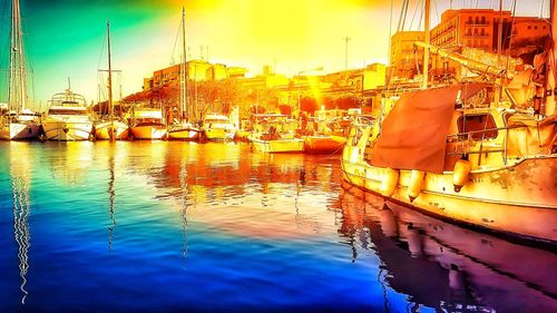 Boats moored at harbor against sky in city