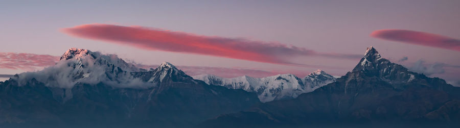 Scenic view of snowcapped mountains against sky during sunset