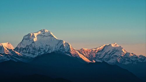 Scenic view of snowcapped mountains against clear blue sky