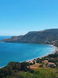 Scenic view of sea against clear blue sky