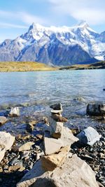 Scenic view of lake with mountains in background