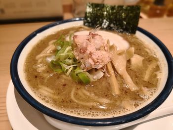 High angle view of soup in bowl on table