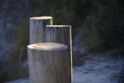Wooden posts against blurred background