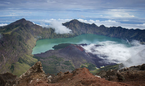 Panoramic view of volcanic landscape against sky