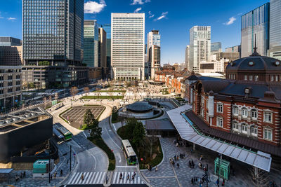 High angle view of street amidst buildings in city