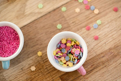 High angle view of breakfast on table