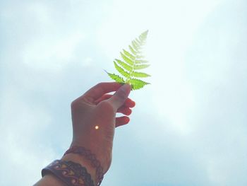 Low angle view of hand against sky