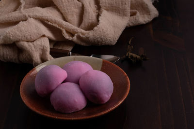 High angle view of pink eggs on table