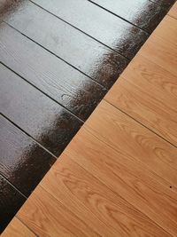 High angle view of blinds on hardwood floor