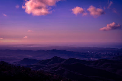 Scenic view of silhouette mountains against sky at sunset