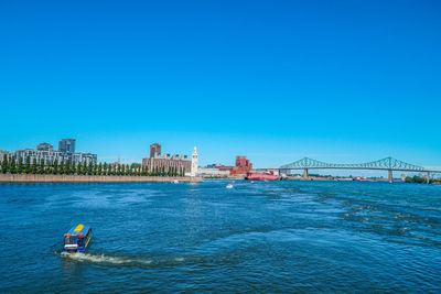 Scenic view of river against clear blue sky