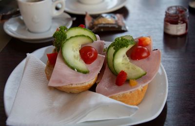 Close-up of breakfast served on table