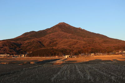 Scenic view of mountains against clear blue sky