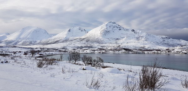 Scenic view of snowcapped mountains against sky