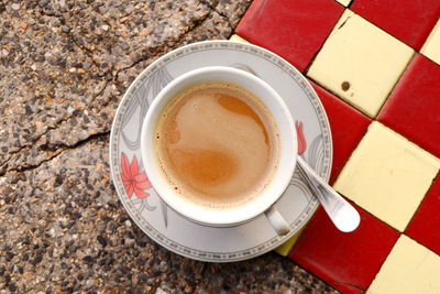 High angle view of coffee on table