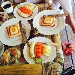 High angle view of breakfast served on table