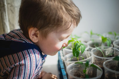 Side view of boy smelling plants