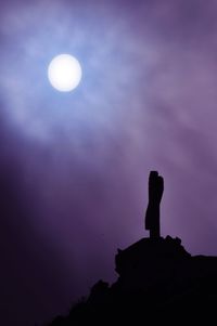 Low angle view of silhouette man standing on rock against sky at night