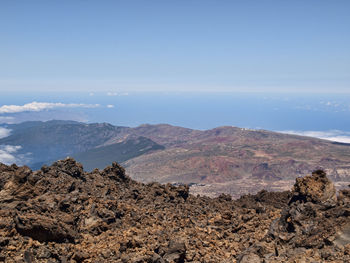 Scenic view of sea and mountains against sky