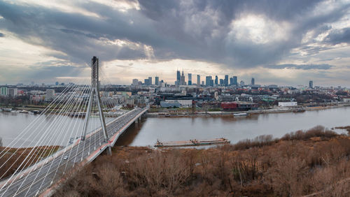 Aerial panorama of warsaw, poland with swietokrzyski bridge