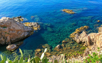 High angle view of rocks by sea