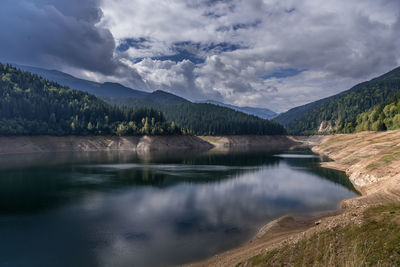 Scenic view of lake and mountains against sky