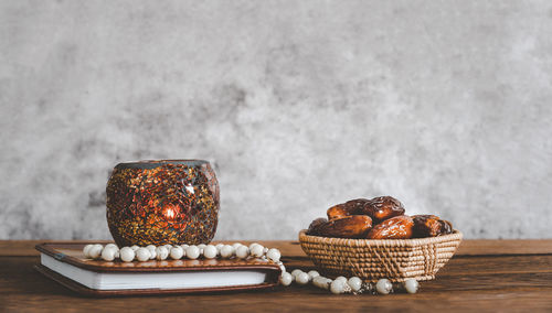 Close-up of ice cream in basket on table