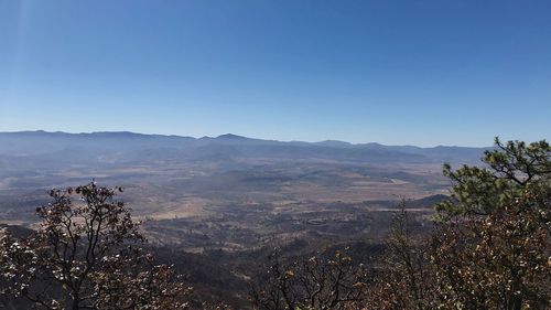 Scenic view of mountains against clear blue sky