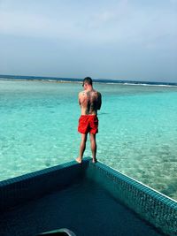 Rear view of man standing in swimming pool against sea