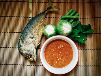 High angle view of fish in bowl on table