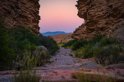 Scenic view of mountains against sky during sunset