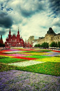 Multi colored flowers against cloudy sky