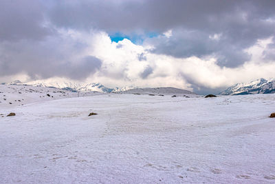 Scenic view of snow covered mountains against sky