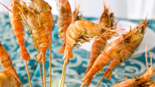 Close-up of fried prawn on table