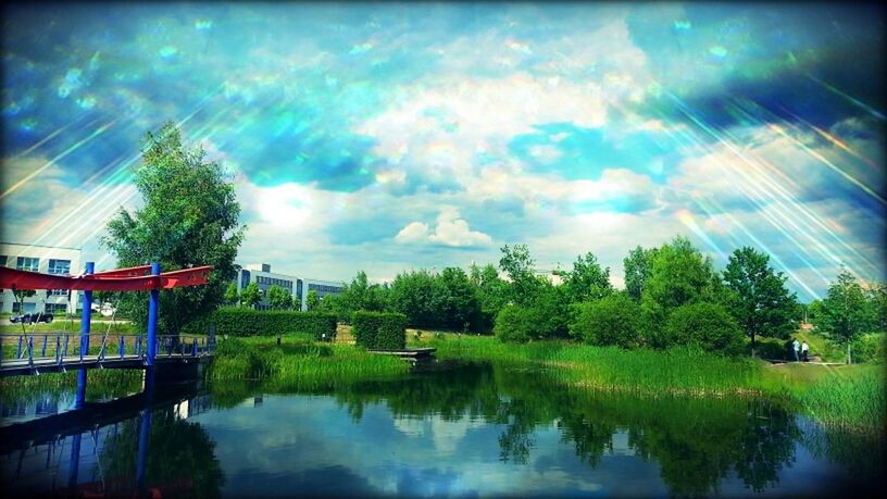 reflection, water, tree, sky, tranquility, lake, tranquil scene, cloud - sky, scenics, waterfront, beauty in nature, nature, cloud, standing water, cloudy, growth, auto post production filter, idyllic, river, outdoors